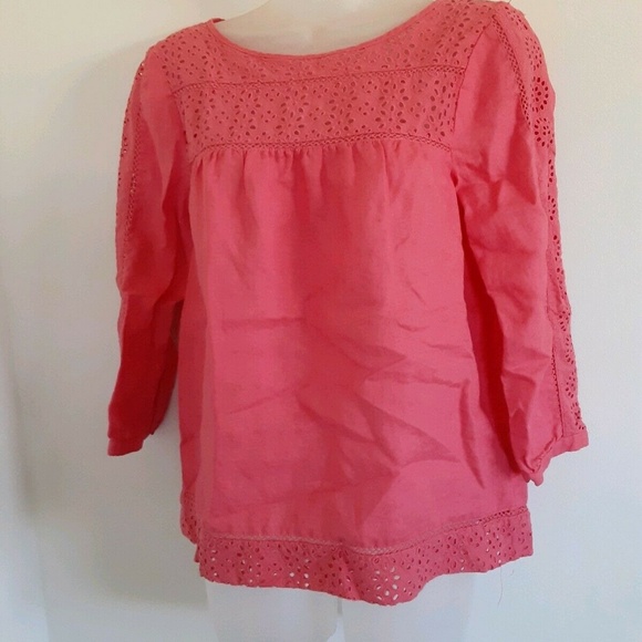 J. CREW Vintage Pink or Coral Linen and Lace Eyelet Boho Peasant Blouse Size XS - Picture 5 of 8